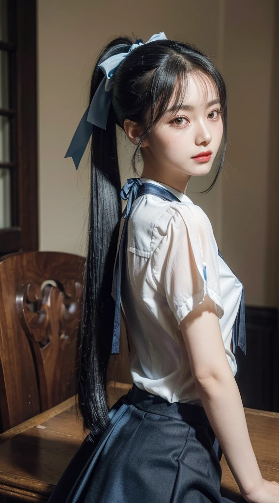 Master piece, Top Quality, very high resolution, very detailed, Detailed background, (Fraulem Chrome, (black hair, semi-long hair, Blue ribbon in ponytail), (white blouse, Blue Short Ribbon Tie, long blue skirt), small, neat, black eyes, Study, soft smile), Scaled, Study Chic, vase