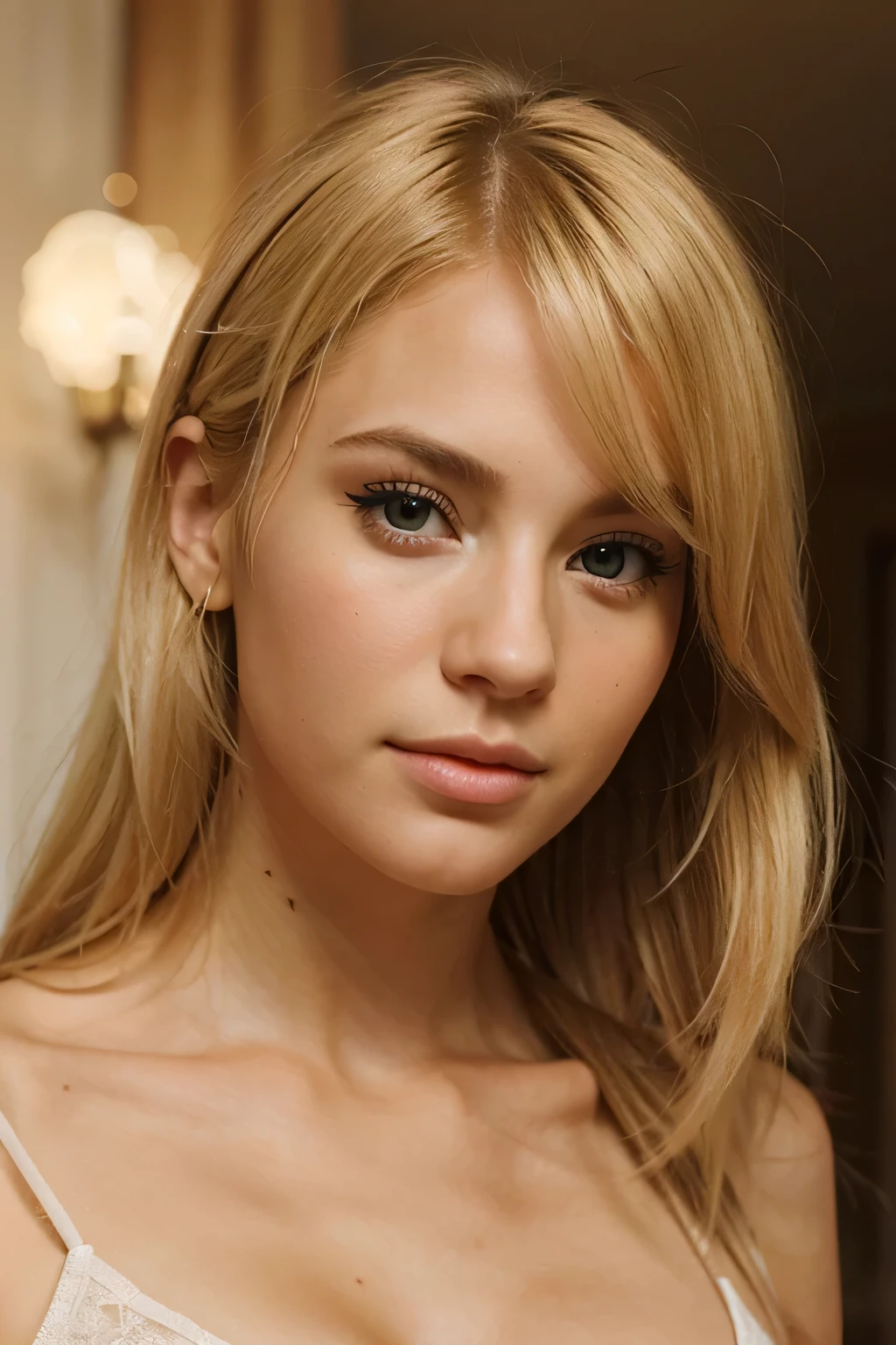 a realistic female face with blonde hair, cute, beautiful and very sexy