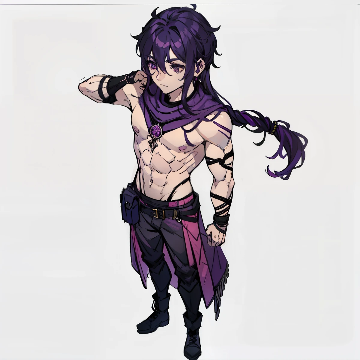 Effeminate looking boy with purple hair, Purple eyes, Bags under your eyes of weariness, top vermelho de gola alta, top vermelho de gola alta, Arms with bandages, wearing black boots and pants, usando uma mochila, Arms fully covered by bandages