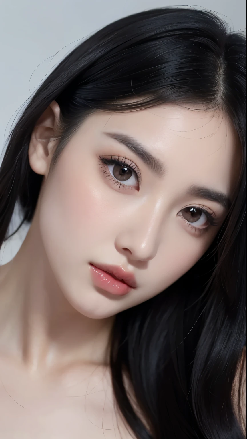 Beautiful girl, long, black hair. Big black eyes, wide eyelashes, beautiful pale lips, lip gloss, wearing she is extremely beautiful, masterpiece, perfect face, beautiful eyes, detailed, focus on her face and her eyes.