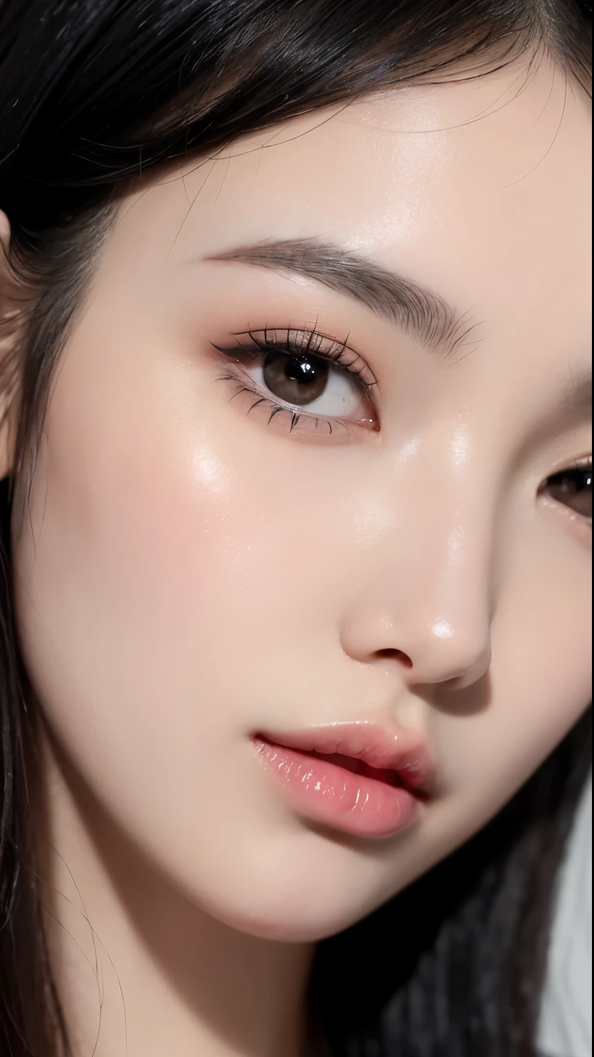 Beautiful girl, long, black hair. Big black eyes, wide eyelashes, beautiful pale lips, lip gloss, wearing she is extremely beautiful, masterpiece, perfect face, beautiful eyes, detailed, focus on her face and her eyes.