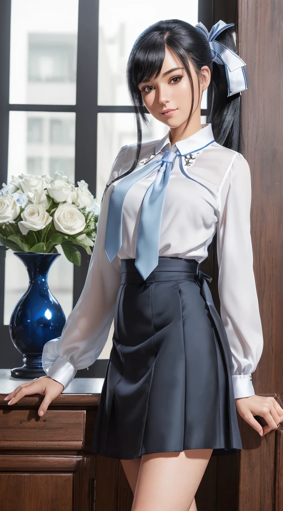 Master piece, Top Quality, very high resolution, very detailed, Detailed background, (Fraulem Chrome, (black hair, semi-long hair, Blue ribbon in ponytail), (white blouse, Blue Short Ribbon Tie, long blue skirt), small, neat, black eyes, Study, soft smile), Scaled, Study Chic, vase