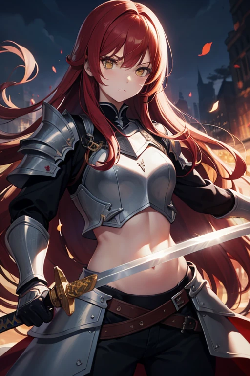 Tall girl, Long red hair, Green eyes, knight armor, Sleeveless, open belly, Sword and Shield, combat stance, Masterpiece, hiquality