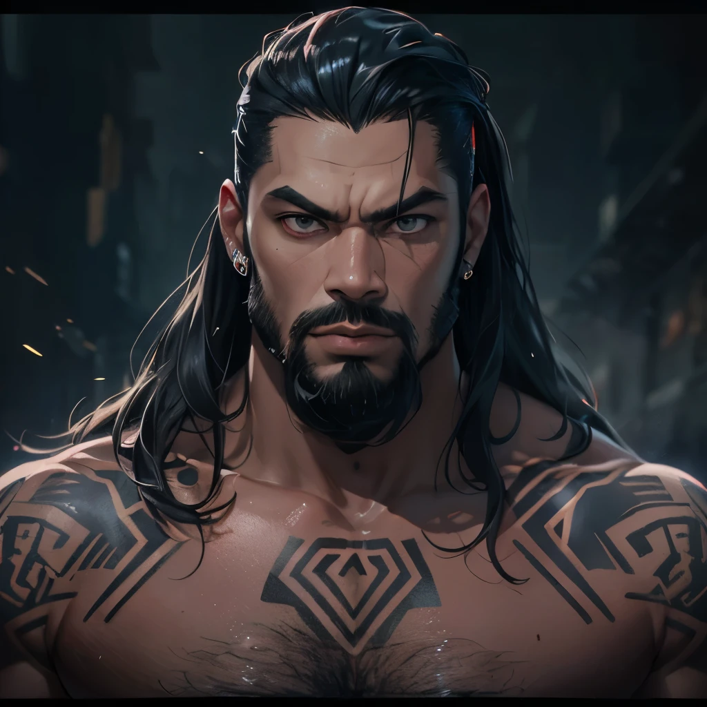 (masterpiece), 8k cg, intricate details, chromatic aberration, ((bust shot)), ((looking at viewer)), 1man, Roman Reigns, (Amber eyes, long black hair, slicked back hair, Tribal Tattoos), Strong Face, strong jaw, chiseled face, Polynesian, Full Beard, Shirtless, Black pants, Very Muscular, Wide Shoulders, Defined Muscles, handsome face, frown, 30 year old, absurdres, cinematic lighting, dynamic lighting, fantasy, ((dark background, fog))