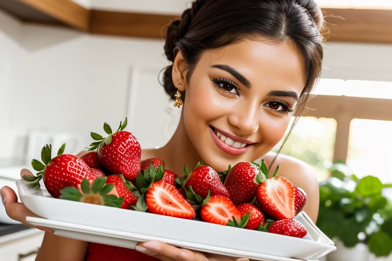 (best quality,highres),close up of a Latina woman holding a tray with strawberries in her kitchen,serene smile,[beautiful detailed eyes],[beautiful detailed lips],perfect hands,updo hairstyle,fruit-themed kitchen decor,soft lighting,delicate strawberry leaves,juicy ripe strawberries,vibrant colors,happy ambiance