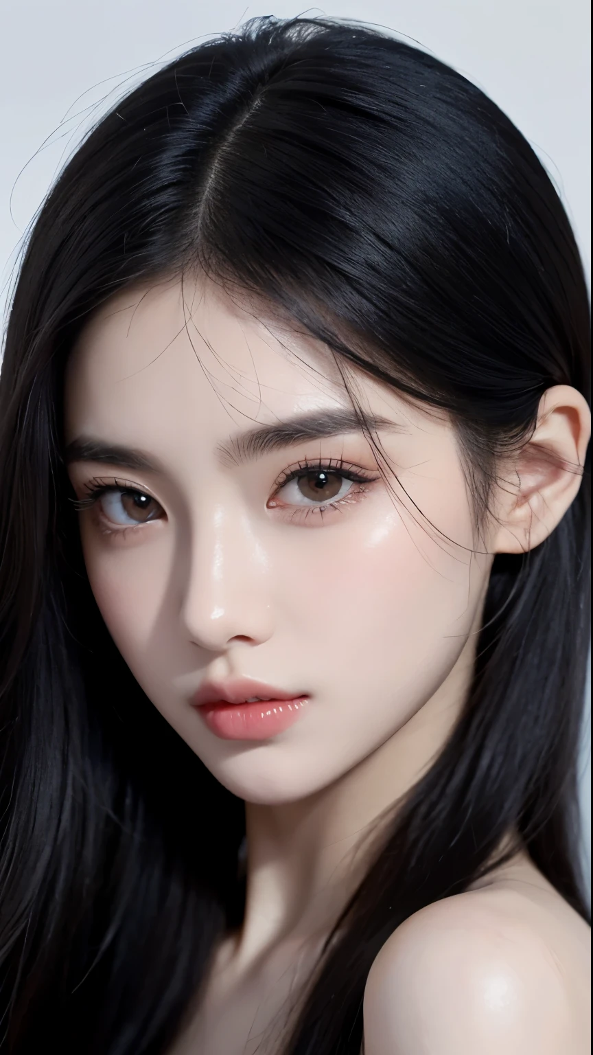 Beautiful girl, long, black hair. Big black eyes, wide eyelashes, beautiful pale lips, lip gloss, wearing she is extremely beautiful, masterpiece, perfect face, beautiful eyes, detailed, focus on her face and her eyes. corpo inteiro.