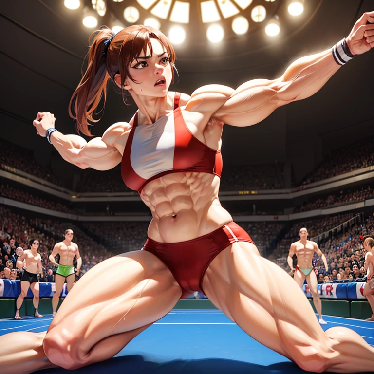 (best quality,ultra-detailed,realistic:1.37), HDR, strong shadows, vibrant colors, dynamic lighting, detailed facial features, detailed muscles, muscular and powerful physique, intense expression, impressive wrestling moves, wrestling ring, gym background, sweat dripping, intense action, professional bodybuilding atmosphere, dynamic composition, Asuna Yuuki dominating the wrestling ring, focused and determined gaze, powerful stance, defined muscles, commanding presence, Asuna Yuuki's shirtless and barefoot appearance, showcasing strength and athleticism, bodybuilding championship, capturing the essence of female bodybuilding, energy and adrenaline, competitive spirit, capturing the intensity of the sport, masterful depiction of Asuna Yuuki's physical prowess, capturing the beauty and strength of the human form.