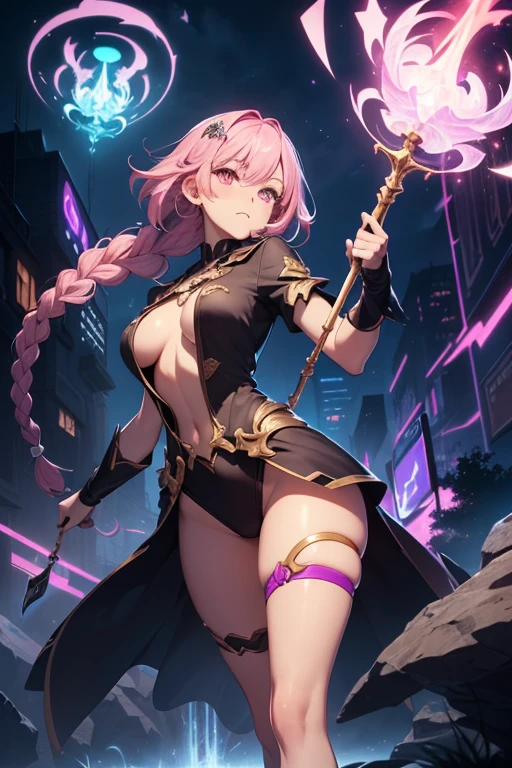 (initial sketch: magic energy around, (building the correct anatomy), 1 girl, pink eyes, (pink hair), medium hair, (1 braid), staff in her hand, casts a spell, staff glows, big chest, (neon purple mana flows around the staff), night, (unrestricted:1.6), ((Masterpiece)), (best quality), (beautiful background), (detailed illustration), HDR, (cinematic light) , ((color)), ((rtx)), high quality color, correct anatomy, (the most perfect composition ever made), (absolute final detail), thick legs, thick thigh, (extra detail removal), ( removal of extra detail artifacts)