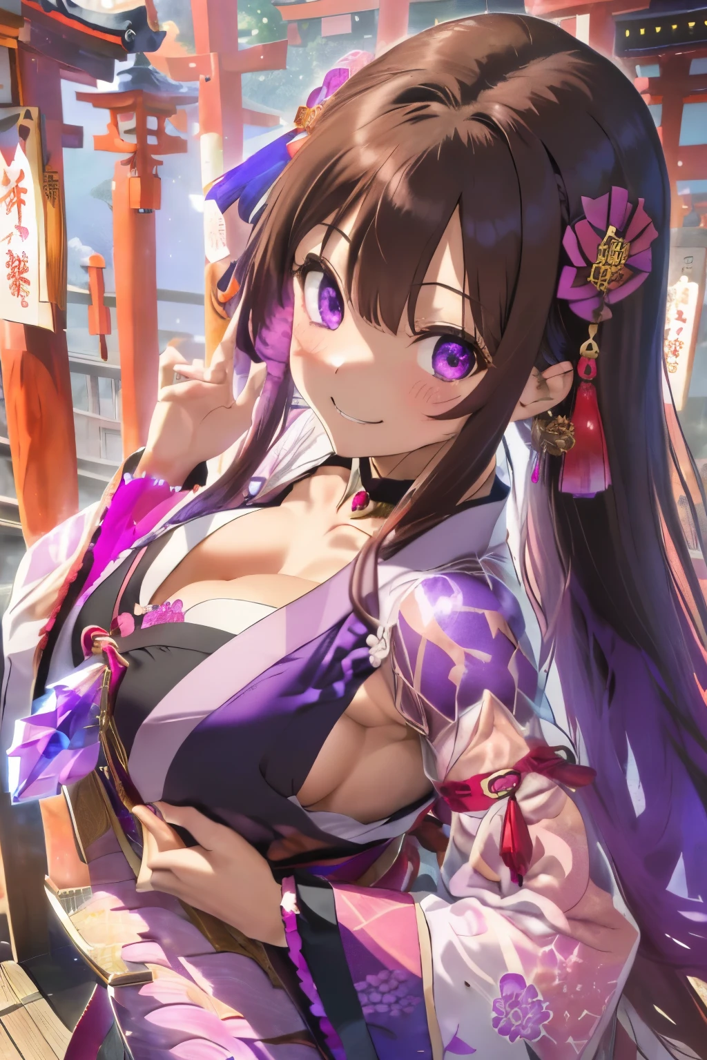 (Brown hair:1.2),(fluffy half up hair:1.2),(Light purple eyes:1.25),(With bangs),(First visit to a shrine:1.25),(colourfull:1.2),(Staring at me),(Japanese pattern clothing:1.4),(accessories like flowers and crystals:1.3),(Lower breast:1.5),(Transparent double sleeve long sleeves:1.5),(chest protruding from clothes,:1.4),(huge smile:1.3),(Smiling Face:1.35),Slight red tide,(Kamimei),(Close-up of face 1.7),(black and red and pink and purple:1.25),(front view:1.6),