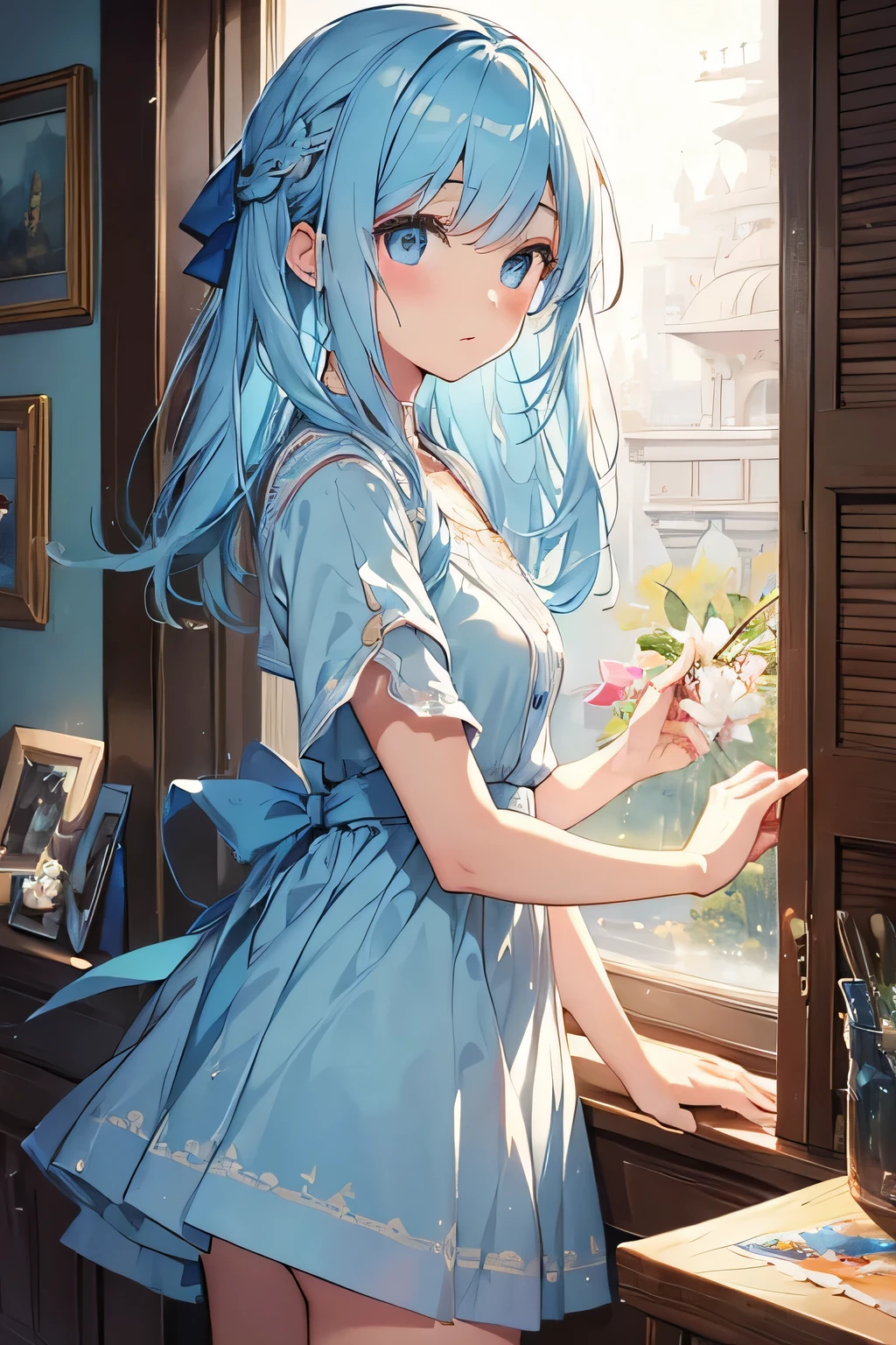 ((Best quality)), ((Masterpiece)), (Detailed), visage parfait, manga, cartoon, painting, illustration, fille, sweet, Warm Light, Indien, adolescent, cheveux bleu clair