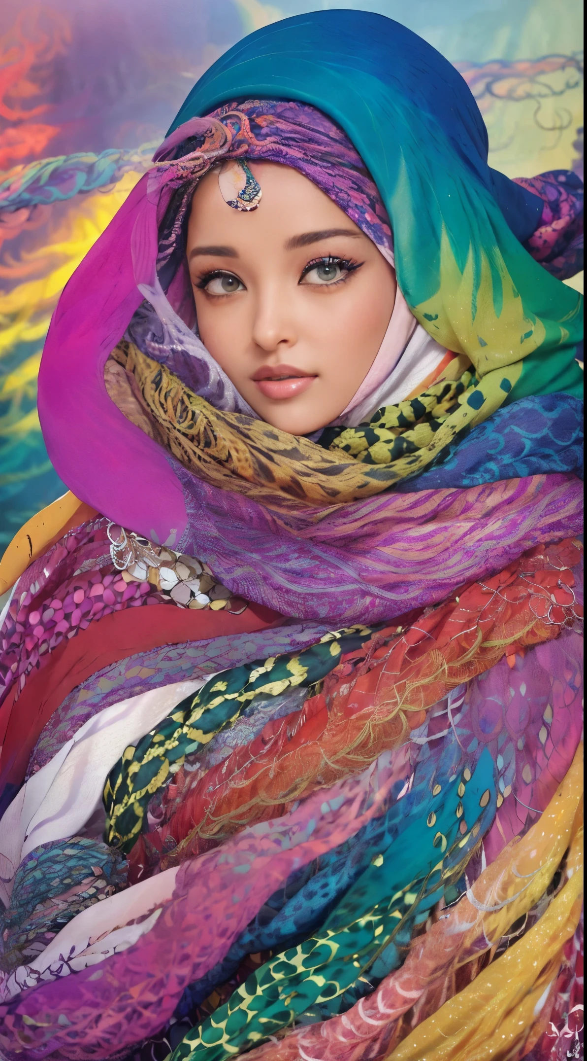(half body:1.2), (Smokexxx:1.4), Aishwarya Rai in hijab with really wild hair, (multicolored wavy hijab:1.2), ( Long hijab:1.2), (long wild hair:1.2), (multicolored hijab:1.9 ), wearing a long skirt, high contrast, Epic cinematic, soft studio lights, rim light, Absurd, Amazing, Funny, itricated, hyper detailed, ultra realistic, soft colors, 8k, half body shot,