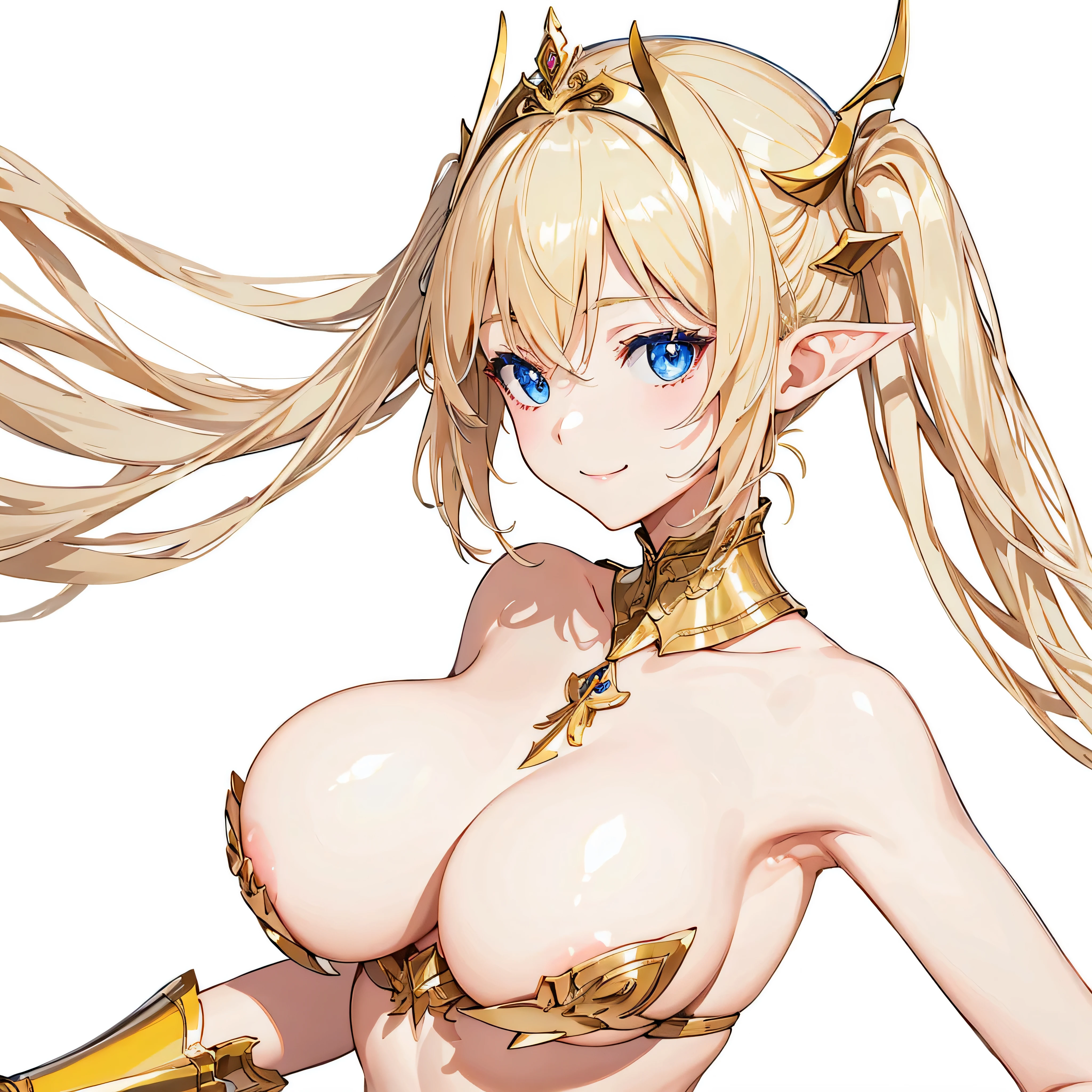 ​masterpiece、top-quality、ighly detailed、hight resolution、１６ｋ、fullnude、teats、Teetoob proportions、elvishの女の子、golden armour、Very thin skirt、Black pants、Very white skin、Beautiful fingers、Anime girl with very big breasts posing naked、Perfect Style、elvish、no-bra、Blonde blue-eyed、A smile、slim the contours