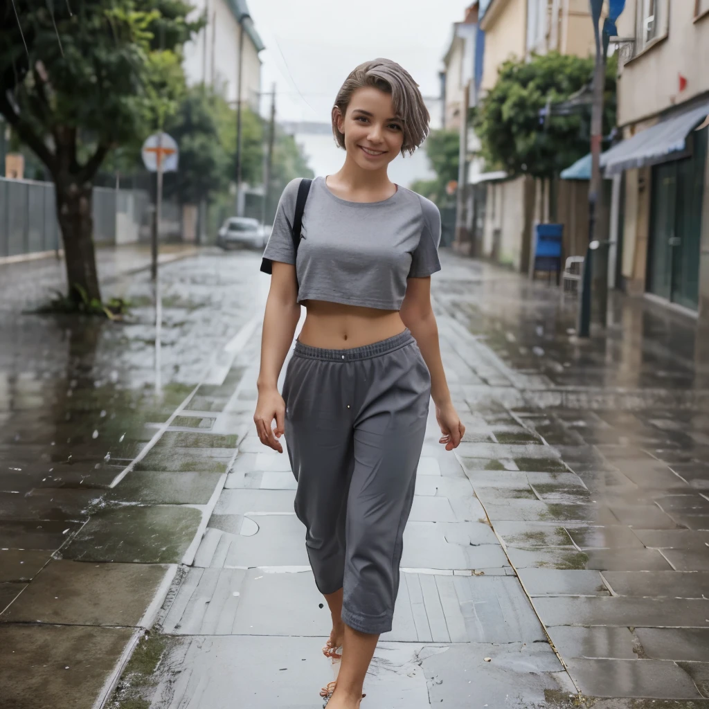 Cute girl in crop top and low waist pants, midriff shirt, barefoot walking, school pic, smile, grey short hair, no shoes on, 8k, best quality, full view, 18 years old, czech girl, masterpiece, ultrarealistic, feet have to be shown, rainy day