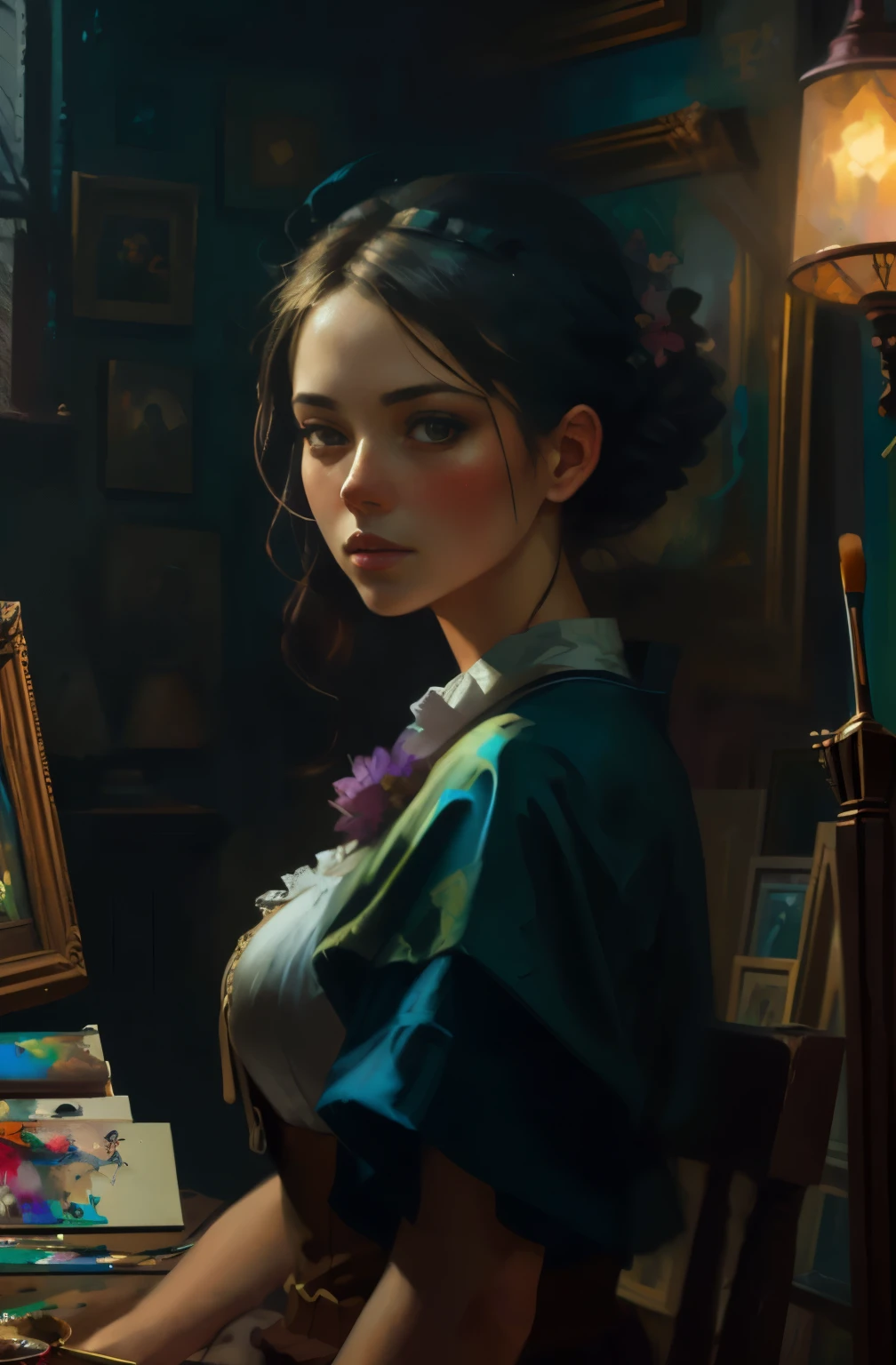 magenta and orange tones, painting of a woman, with influence of Jeremy Mann, Jeremy Mann, style of Jeremy Mann, Jeremy Mann painting, Jeremy Mann art, Ron Hicks, Liepke, Jeremy Mann and alphonse mucha, Works that influenced Edmund Blampid, robert lenkiewicz, Casey Boe and James Jean, Inspired by Willem Kalf, Nick Alm, Tumbler, figurative art, intense oil painting, oil painting detail art,expressive beautiful painting, a beautiful artwork illustration, very colorful tones, Fantastical, Cool Beauty, Best Quality,Official art, Female Solo, sharp outline, a closeup