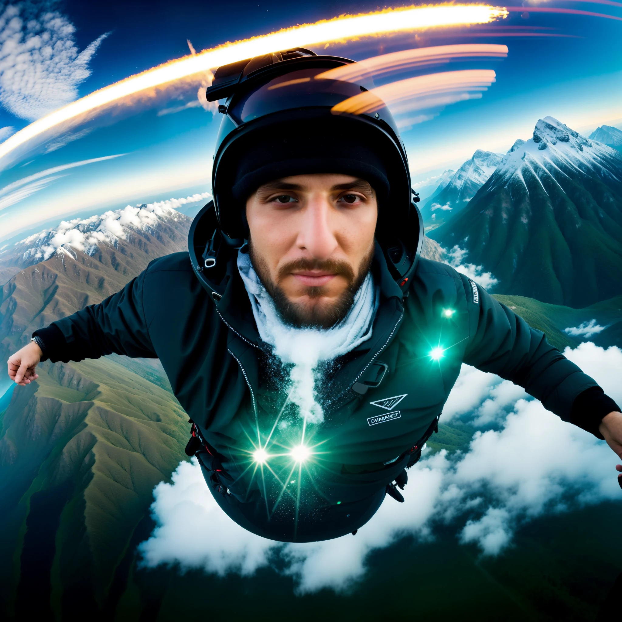 arafian man flying over a mountain with a mountain range in the background, arian mark, by Alexander Runciman, anton fadeev 8 k, inspired by Adrian Zingg, by Adrian Zingg, by Alexis Grimou, armani, bastien grivet, max rive, alessio albi, high quality action photography, eng kilian