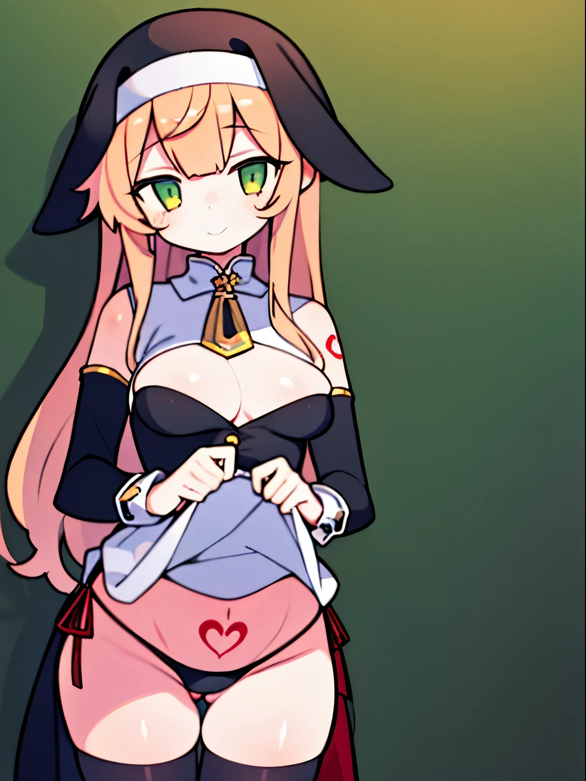 Highly detailed and realistic CG, Colorful, Masterpiece, Best Quality, magnificent, jewel-like eyes, 1girl, solo, small, 18+ ite teen, mesugaki, pink hair, long hair, nun cassock clothing, priest, black wedding veil, black bridal gauntlets, closed eyes smile, church, marriage, from pov, medium breasts, contrapposto, hair intakes, unexposed, skindentation, daizu, black highleg string panties, cameltoe, heart tattoos, :3 face