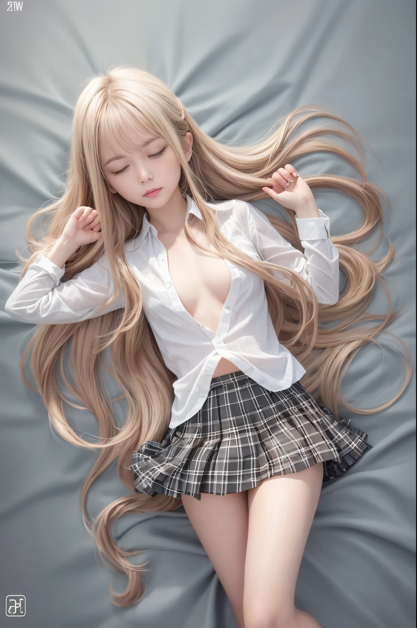 (Raw photo:1.2), (Photorealistic), Beautiful detailed girl, Very detailed eyes and face, Beautiful detailed eyes, Huge file size, High resolution, Very detailed, Best Quality, [masutepiece:1.6], Illustration, Very detailed, Fine detail, Best Quality, 8K Wallpaper, Movie Lighting, 1girl in, japanes, Junior high school girl, , Young sister, Sleeping in bed, Shirt buttons open, White bra visible., The skirt is flipped up, White panties are visible, Sleeping, Bedroom,On the bet, Closed eyes, School Uniforms, tiny chest