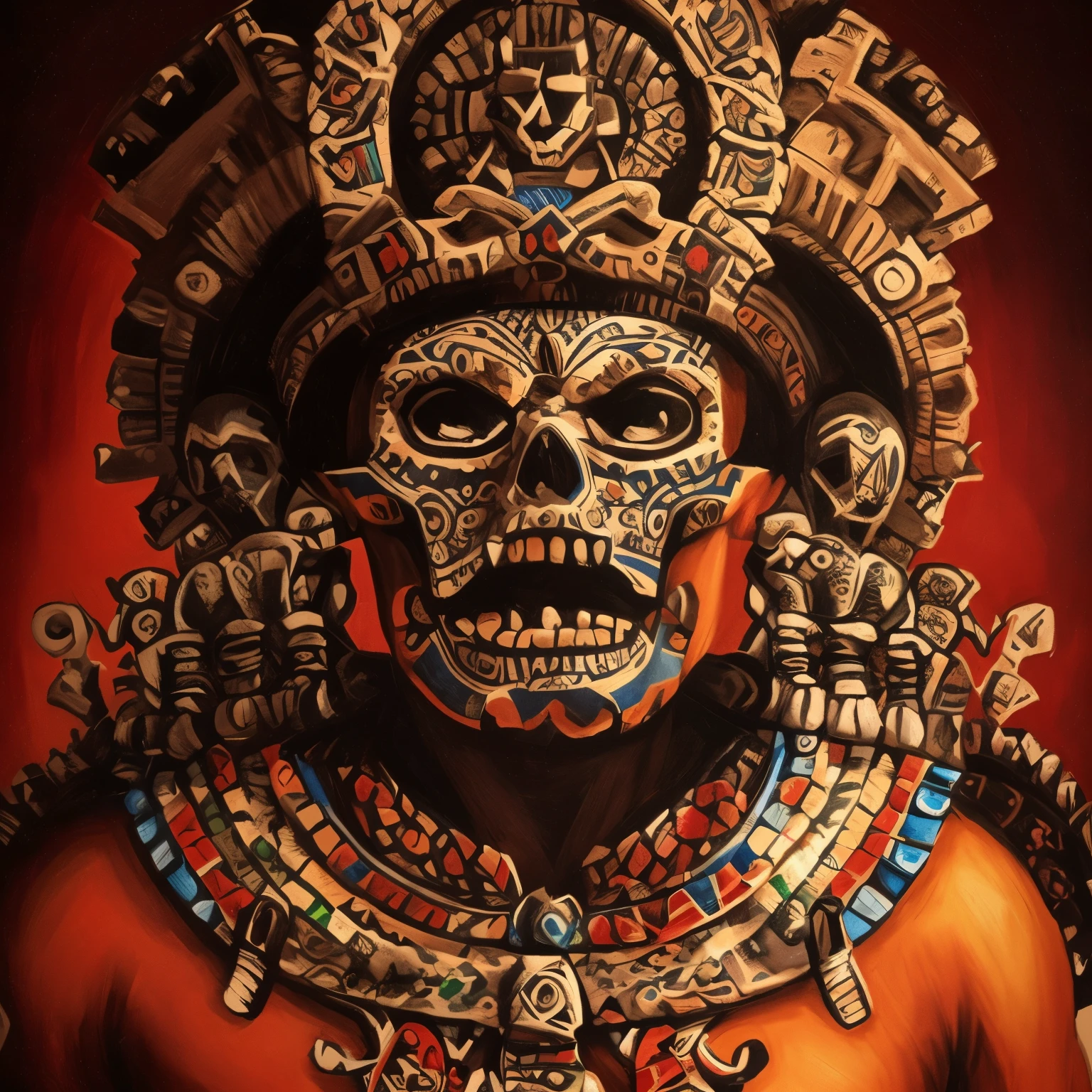 An evil alien, vindo das profundezas do universo desconhecido, emerges as a devastating threat. Its appearance is grotesque and sinister, shrouded in mystery and darkness. With a skeletal body, pale skin and bright eyes, It carries with it evil at its core. But, What catches the eye the most is his gas mask, adorned with radioactive symbols that glow in ominous hues. The mask covers the face, ocultando sua verdadeira forma e intensificando a aura de perigo que o cerca. The rarefied and toxic air that comes out of the mask causes everything around it to wither and perish. Set in an ancient city of some South American civilization and pyramids in the background