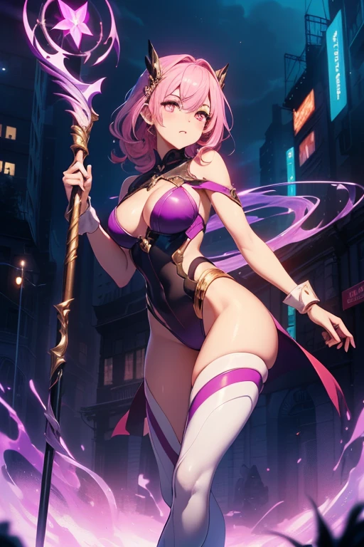 (initial sketch: magic energy around, (building the correct ), 1 girl, pink eyes, (pink hair), medium hair, (1 braid), staff in her hand, casts a spell, staff glows, big , (neon purple mana flows around the staff), night, (unrestricted:1.6), ((Masterpiece)), (best quality), (beautiful background), (detailed illustration), HDR, (cinematic light) , ((color)), ((rtx)), high quality color, correct , (the most perfect composition ever made), (absolute final detail), thick legs, thick thigh, (extra detail removal), ( removal of extra detail artifacts)