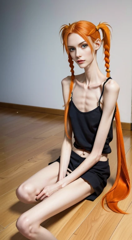 Photograph of an anorexic emaciated extremely skinny Swedish model, she has a femanine and pretty face, she has a thin face, photo quality realistic, she is sitting on the floor, her legs are spread wide appart, her knees are spread appart, her feet are spread appart, she has orange hair in a pigtails. she is looking at the camera, show entire body of model from feet to head, she has a large smile, her teeth are showing,  she is covered in shiny glistening sweat, she is wearing a heavy 12 inch choker around her neck with a large pendant on a chain, she is wearing colorful jewelery, show , show legs, she has medium sized , she is wearing a garter belt with garter straps and colored garter stockings, her stockings are high on her leg, she is not wearing a top or bra, she is not wearing any bottoms, she has large shiny hoop earings, incredibly skinny body, extremely skinny body, emaciated body, tiniest waist ever, well-defined collar bones, well-defined hip bones, well-defined ribcage, extremely skinny arms and legs, weak and fragile body, masterpiece, anatomically correct, textured skin, super detail, high details, high quality, best quality.