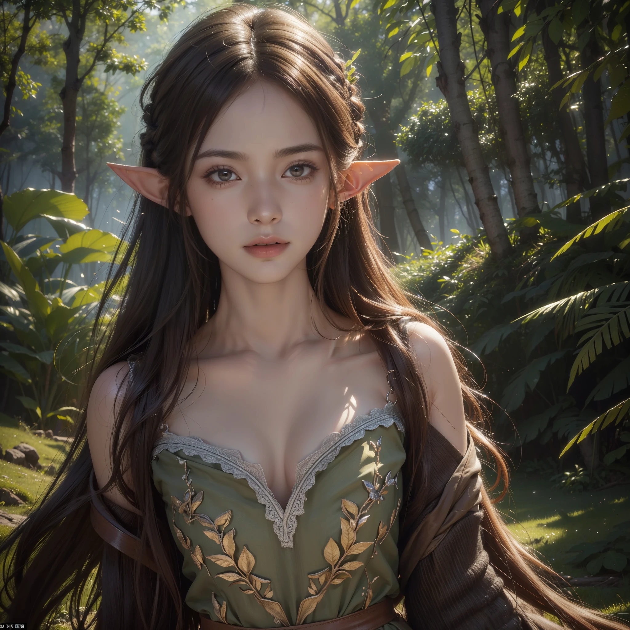 ((Quality: masterpiece, best quality, UHD, anatomically correct, photo realism, textured and detailed skin, skin pores, skin imperfections, textured and detailed hair, volumetric lighting, hyper realistic and detailed background)), whimsical and creative artist woman with a palette of vibrant colors, woodland warrior elf, furrowed brow, spear weapon, tribal body paint, forest, plants and trees