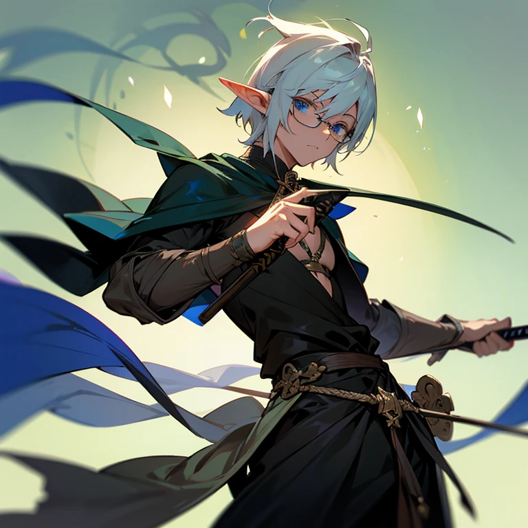 A male elf wearing glasses, a black rope, thick clothes, and holding a thin sword.