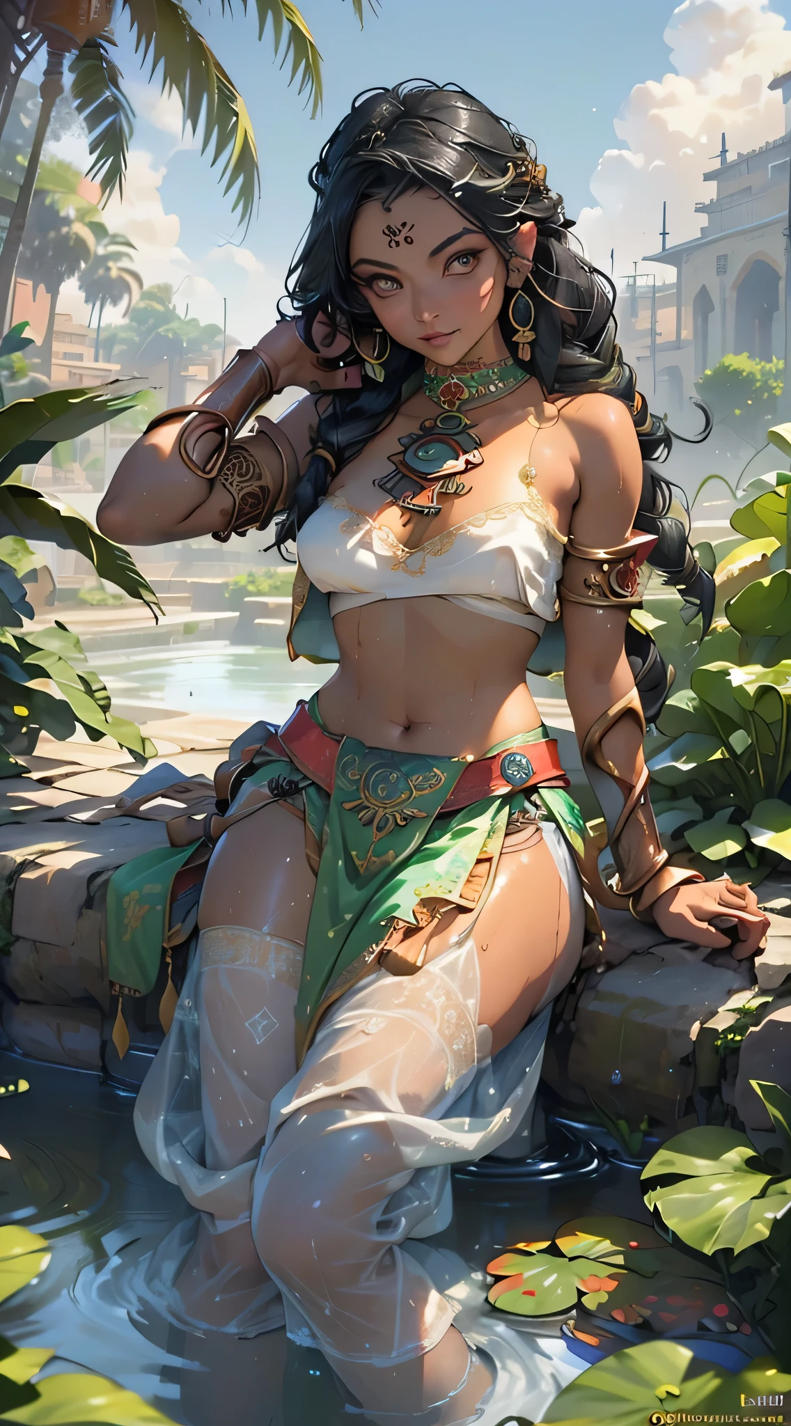 talim, girl indian from ancient Egypt,(((monster girl))), ((remember the hindu gods)),(((eyes green:1.3))),intricate eyes,beautiful detailed eyes,symmetrical eyes,((((indian girl)))),(large breasts:1.5),((((blond hair,hair tied,colored inner hair)))),((((lustrous skin:1.5,tanned skin,bright skin: 1.5,skin tanned,shiny skin,very shiny skin,shiny body)))),(spider lower abdomen,narrow waist,wide hip,athletic body,inflated legs,thick thighs,perfect lips),(((detailed face))),beautiful detailed lips, cute,slutty,,seductive look,seductive,((erotic)),opulent,sumptuous,((nsfw)), a beautiful woman in a Sari,(Bindi, Jhumkas:1.3),(Armlet,Haar Payal,Maang Tikka,Jhumkas,Kamarband,Bangles:1.3),almost naked,revealing clothing,show skin,huge cleavage,((((bandaged legs:1.5,bandaged arms:1.5,white bandage)))),((underboob)),zettai ryouiki,(((barefoot))),(((eyeshadow,egyptian makeup,eyelid makeup))),(((Transparent cloth:1.1,wet clothes,intricate outfit,embroidered outfit,ornate outfit,intricate cloth,embroidered cloth,ornate cloth))), dynamic and seductive pose,looking at viewer,embarrassed,centered,scale to fit dimensions,Rule of thirds, outdoors,(egyptian palace,egyptian palace background,pyramids in the background),scenery,(oasis,oasis background),extremely scenery,(puddles everywhere,moss,moss on the background),clouds,Egypt style,Egypt castle,lily pads,palms,reeds,(sunset, golden hour), (Glossy Egyptian ornaments),(top-quality,8K,32K,​masterpiece),high resolution,(Photorealistic:1.4),Ray tracing,Sun glare,depth of fields,By backlight effect,Add depth to your screen,(((vibrant colors,vibrant theme))),(intricate),(high contrast,photorealistic artwork:1.37),(best quality,4k,highres,masterpiece:1.2),ultra-detailed,(realistic,photorealistic,photo-realistic:1.37),professional,