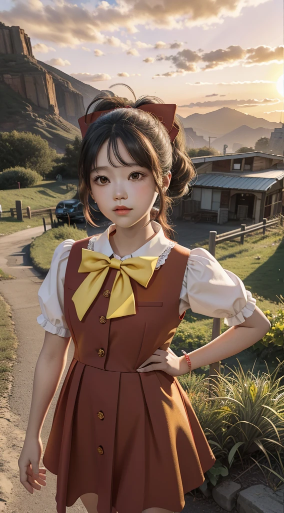 Fanart; 1 Girl 1st Grade Dress Up Outdoors Red Sky Yellow Bow Ultra Detailed