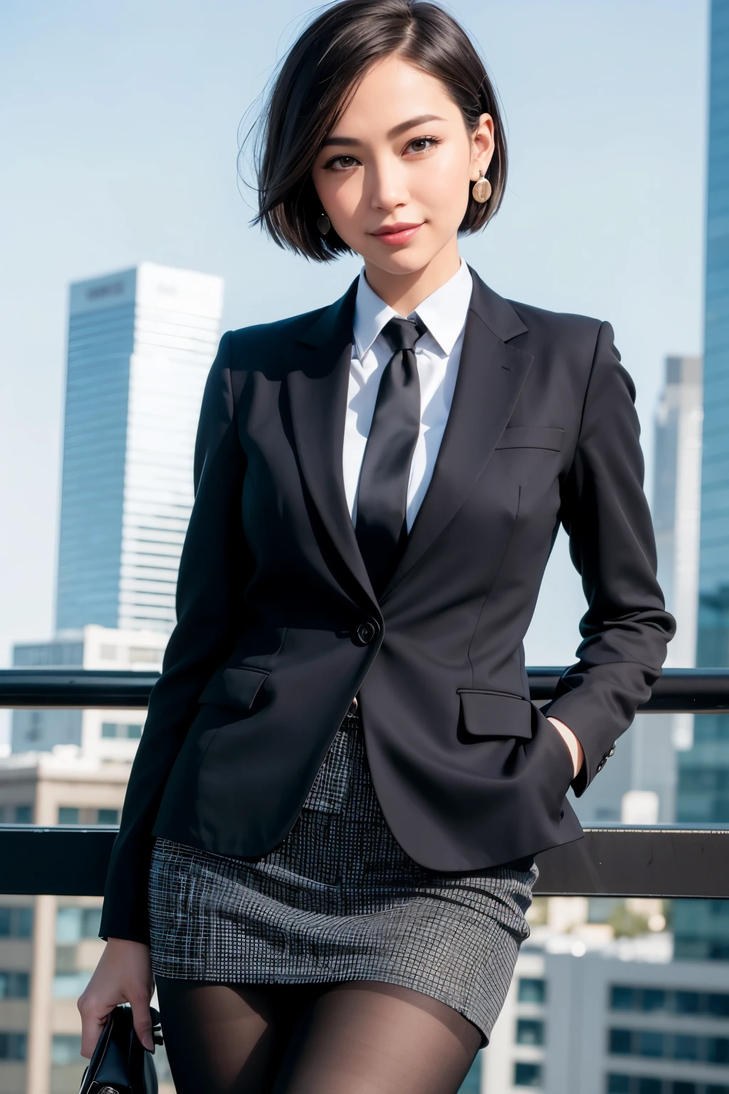 (8K, Best Quality, Masterpiece: 1.2), (Realistic, Photorealistic: 1.37), Ultra Detailed, Single Girl, Full Body, Outdoor, (Adjust Hair: 1.5), Office Lady, Black Office Blazer, Office Skirt, (Pantyhose: 1.2), (Short Button Down Shirt: 1.2), Color Prim with Button M, Bra, ( Pantyhose: 1.2), Alpha Layer, High Heels, Beautiful Earrings, Cute Solo, Fine Sky Beautiful, (Smile: 1.15), (Mouth Closed), Small, Fineness of Eyes, Business Clothes, (Short Hair: 1.2), Floating Hair