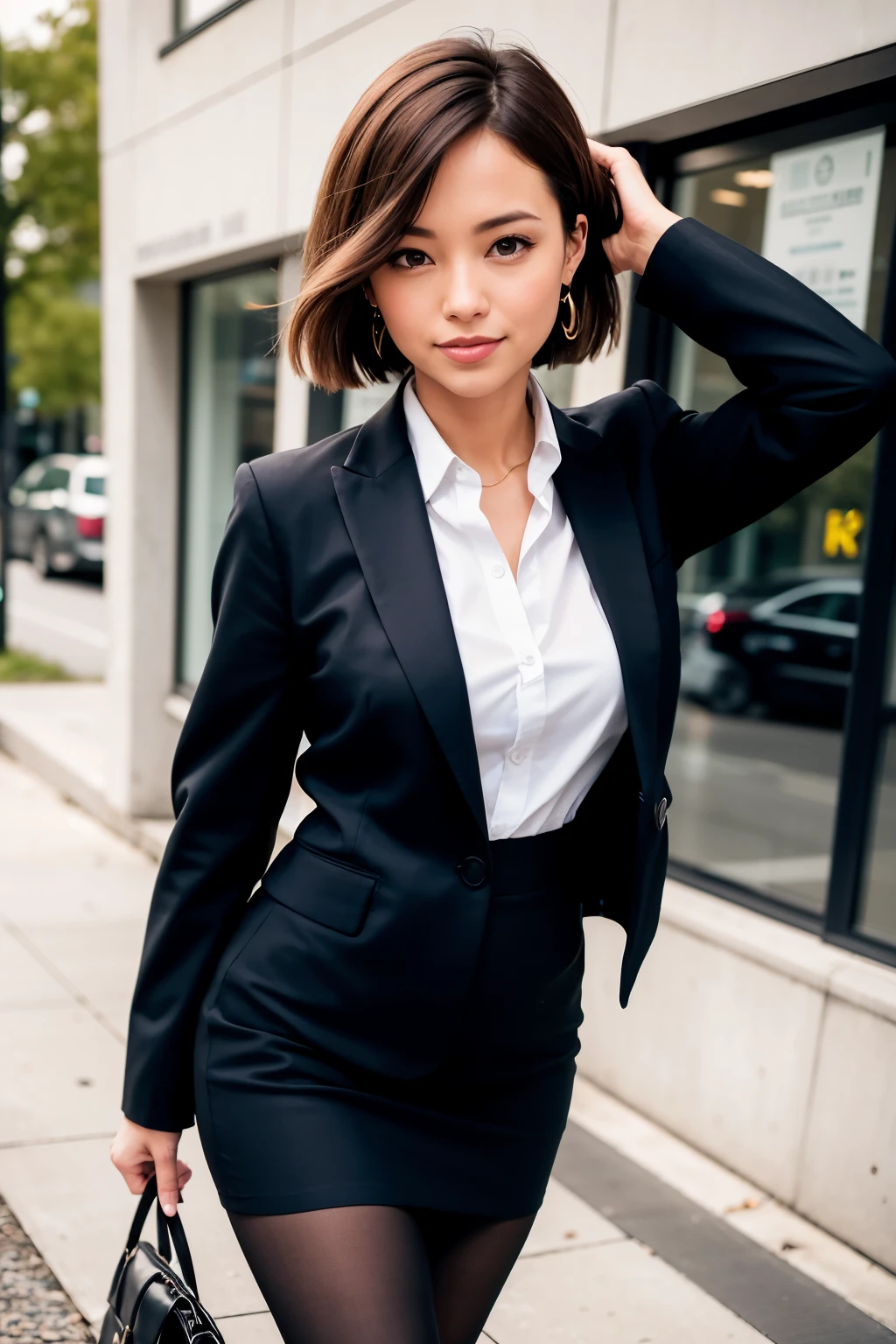 (8k, best quality, masterpiece:1.2),
(realistic, photo-realistic:1.37),
ultra-detailed,

1 girl, full body, outdoors, (adjusting hair:1.5)
office lady, black officeblazer, officeskirt, (pantyhose:1.2), (short buttoneddownshirt:1.2), buttonedupcollarprim, buttoneddowncollarprim, bra, (pantyhose:1.2), alphalayers, highheels,

beautiful earrings,
cute,
solo,
beautiful detailed sky,
(smile:1.15),
(closed mouth),
small breasts,
beautiful detailed eyes,
business attire,
(short hair:1.2),
floating hair NovaFrogStyle,