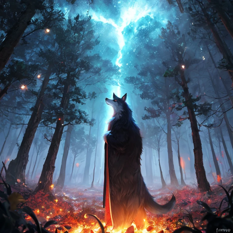 ((Metamorfo druida vermelho escuro Mage Fox 9 cauda)), d&d, art-station, fantasia, Magic the Gathering Arte, Cinematic lighting, Centrado, symmetric, altamente detalhado, pintura digital, , arte conceitual, liso, foco nítido, Volumetric lighting, Epic composition, 8k, CGSetnation, (Pelo detalhado),standing in the middle of a (Floresta Encantada:1.2),epic fantasia character,fantasia art, Sombras,Trees destroyed, floresta arruinada, cores escuras,vagalumes,Contraste,textura,realismo,alta qualidade, filmic grain,detalhes insanos, intrincado details, hiperdetalhado, soft Cinematic Light,Adobe Lightroom, photolab, intrincado, altamente detalhado, cores silenciadas, detalhes insanos, hiperdetalhado, soft Cinematic Light, photolab, intrincado,4k,8k,16k, UHd, Altas, (Papel de parede 8K), foto do filme, de-Noise, f 5.6 , 85 millimeters,Amazing fotografiay ,dynamic compositing,cinemactic, profundidade de campo rasa, Sharp focutremely detailed CG unity Papel de parede 8K), High detail, HDR, ultra realistic, Antecedentes detalhados, ((illustration)), (((master part))), ((best quality)), (high resolution),photo-realistic,professional lighting,vibrante, filme ainda, Realistic proportions,.RAW,35 mm,1/1/2.8, ISO 400 Certification, fotografia, detalhe do olho, contato visual,(lindos olhos de raposa detalhados),((illustration)),(Olhando para o Viewer), ((night sky)),((fantasia)), RTX, ray tracing,((glowing particles in the air)),fire in the background,electric storm,sombra profunda,vibrante colors, atmosfera sinistra,vivid details, luz da lua,(Ori e a Floresta Cega),(ori e a vontade do lindo pelo, (lindos olhos de raposa), (almond-shaped eyes),retrato,lindas patas de raposa,