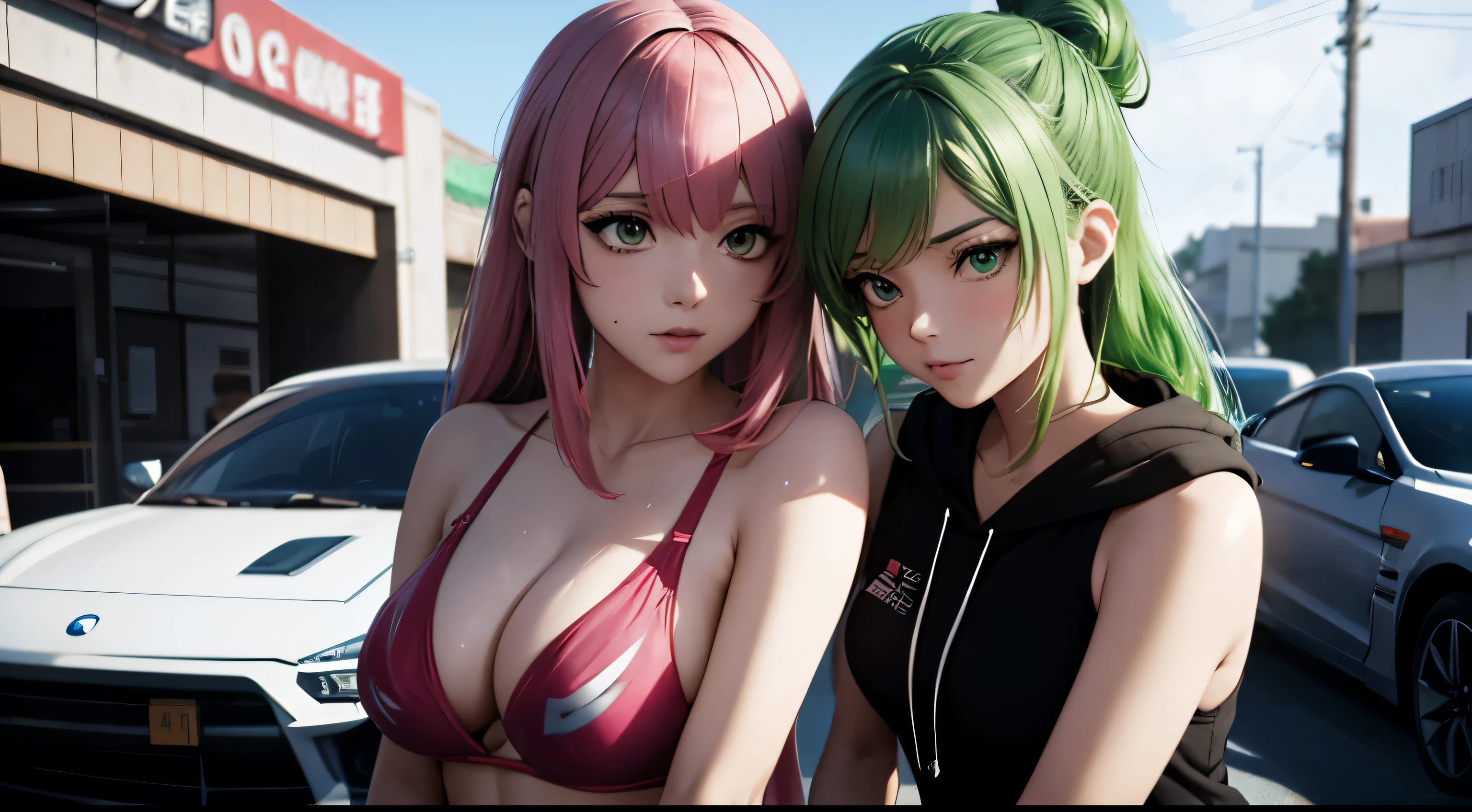 anime girl with green hair, anime girl leaning on a green Toyota ae86 Trueno car in a parking lot, realistic anime 3 d style, style anime, anime style. 8k, anime style 4 k, style of alena aenami, realistic anime artstyle, anime styled 3d, anime realism style, anime vibes, clean detailed anime style, realistic anime art style, style of aenami alena, cyberpunk anime girl in bikini and hoodie, anime style 4 k, cyberpunk sexy bikini,