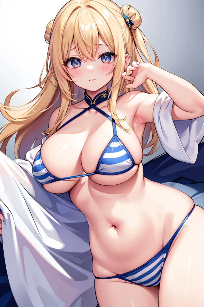 (masterpiece)、(Top quality anime illustrations)、(ultra-definition)、1 girl in、独奏、Idol face、Beautiful girl with blonde hair、Plump Shiryu's eye color、teats、anime 、((Lori、小柄))、soft big breasts、Cleavage emphasis、underboob、Emphasizes plump thighs、White and light blue NSFW striped bikini、