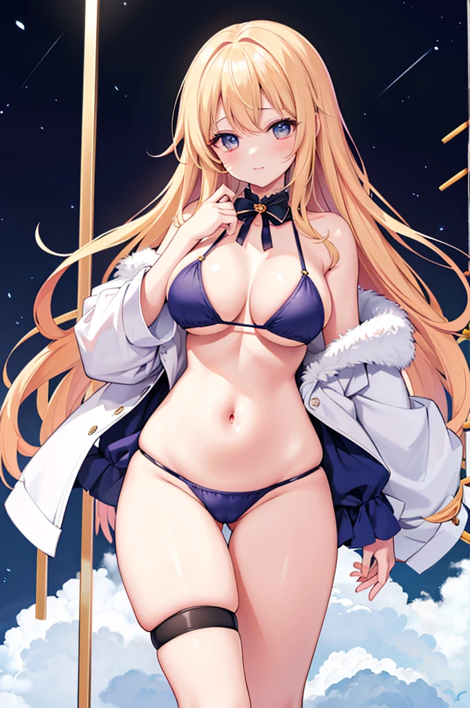 (​masterpiece)、(Top quality anime illustrations)、(ultra-definition)、1 girl in、独奏、Idol face、Beautiful girl with blonde hair、Plump Shiryu&#39;s eye color、teats、anime 、((Lori、小柄))、soft big breasts、Cleavage emphasis、underboob、Emphasizes plump thighs、White and light blue NSFW striped bikini、