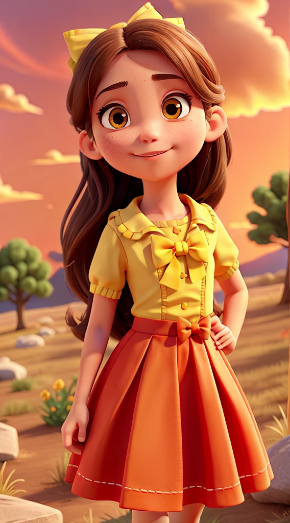 Fanart; 1 Girl 1st Grade Dress Up Outdoors Red Sky Yellow Bow Ultra Detailed