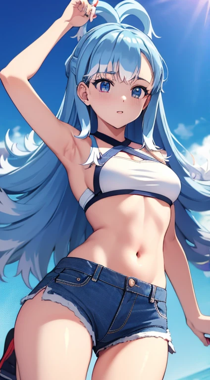 Best image quality,１People Girl,Silver Hair,Shiny Hair,black eye,Shining Eyes,smile,Double teeth,(Sunburn,Bikini Bag),sunflower,stream,Water Play,Wet,Tank top,See-through mini skirt,girl,small,small breasts,Navel Fashion,View from below,