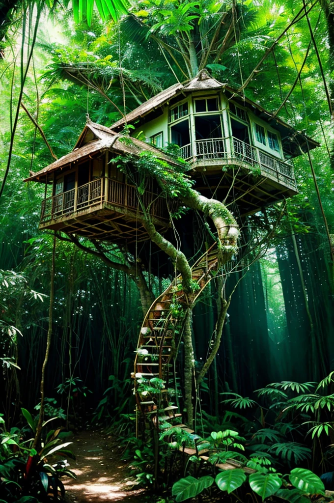 (PiroxiumDiffusion style:0.5), Beautiful jungle tree house,cinematic, (masterpiece),vibrant