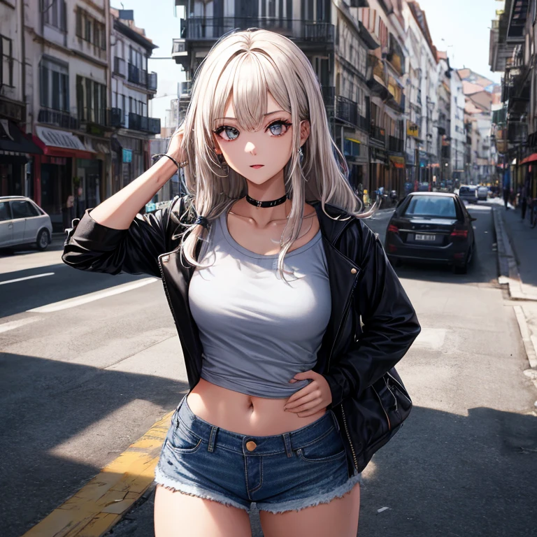 Urban beautiful girl college student, masterpiece, light makeup, pink lips, silver hair, messy long hair, street background, beautiful, elegant. super fine details, master works, authentic texture, cinematic lighting realism, perfect job, 16K, hd, exquisite features,blue eyes、japanese idol、Beautiful Face、cute smile、brown hair、beautiful hair、ponytail、glamorous,wearing bra and baseball jacket