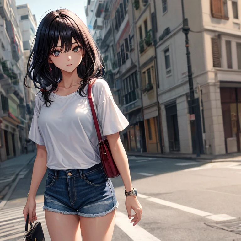 1girl, cabelo preto curto, olhos azuis, vestindo camisa branca lisa, denim shorts, cidade, absurdos, alta resolução, ultrasharp, 8k, master part, Olhando para o Viewer