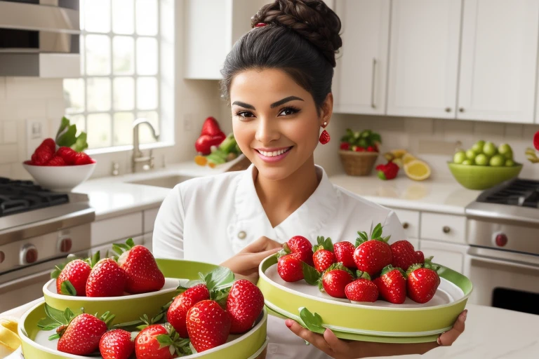 (best quality,highres),close up of a Latina woman holding a tray with strawberries in her kitchen,serene smile,[beautiful detailed eyes],[beautiful detailed lips],perfect hands,updo hairstyle,fruit-themed kitchen decor,soft lighting,delicate strawberry leaves,juicy ripe strawberries,vibrant colors,happy ambiance