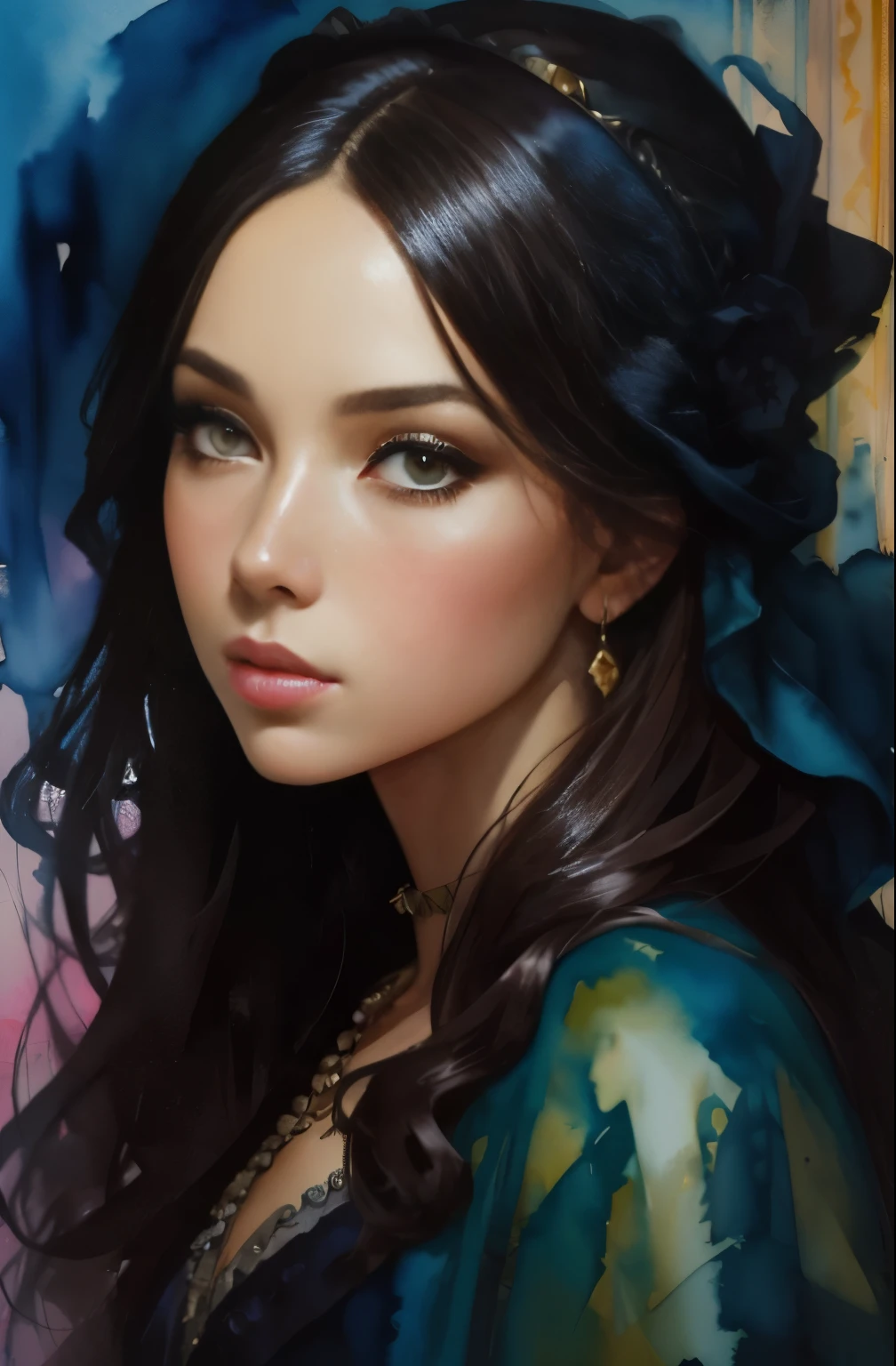 Brightly colored pop art, painting of a woman, with influence of Jeremy Mann, Jeremy Mann, style of Jeremy Mann, Jeremy Mann painting, Jeremy Mann art, Ron Hicks, Liepke, Jeremy Mann and alphonse mucha, Works that influenced Edmund Blampid, robert lenkiewicz, Casey Boe and James Jean, Inspired by Willem Kalf, Nick Alm, Tumbler, figurative art, Intense watercolor painting, watercolor detail art,expressive beautiful painting, a beautiful artwork illustration, very colorful tones, Fantastical, Cool Beauty, Best Quality,Official art, Female Solo, sharp outline, a closeup, supreme work of art, Beautifully Aesthetic