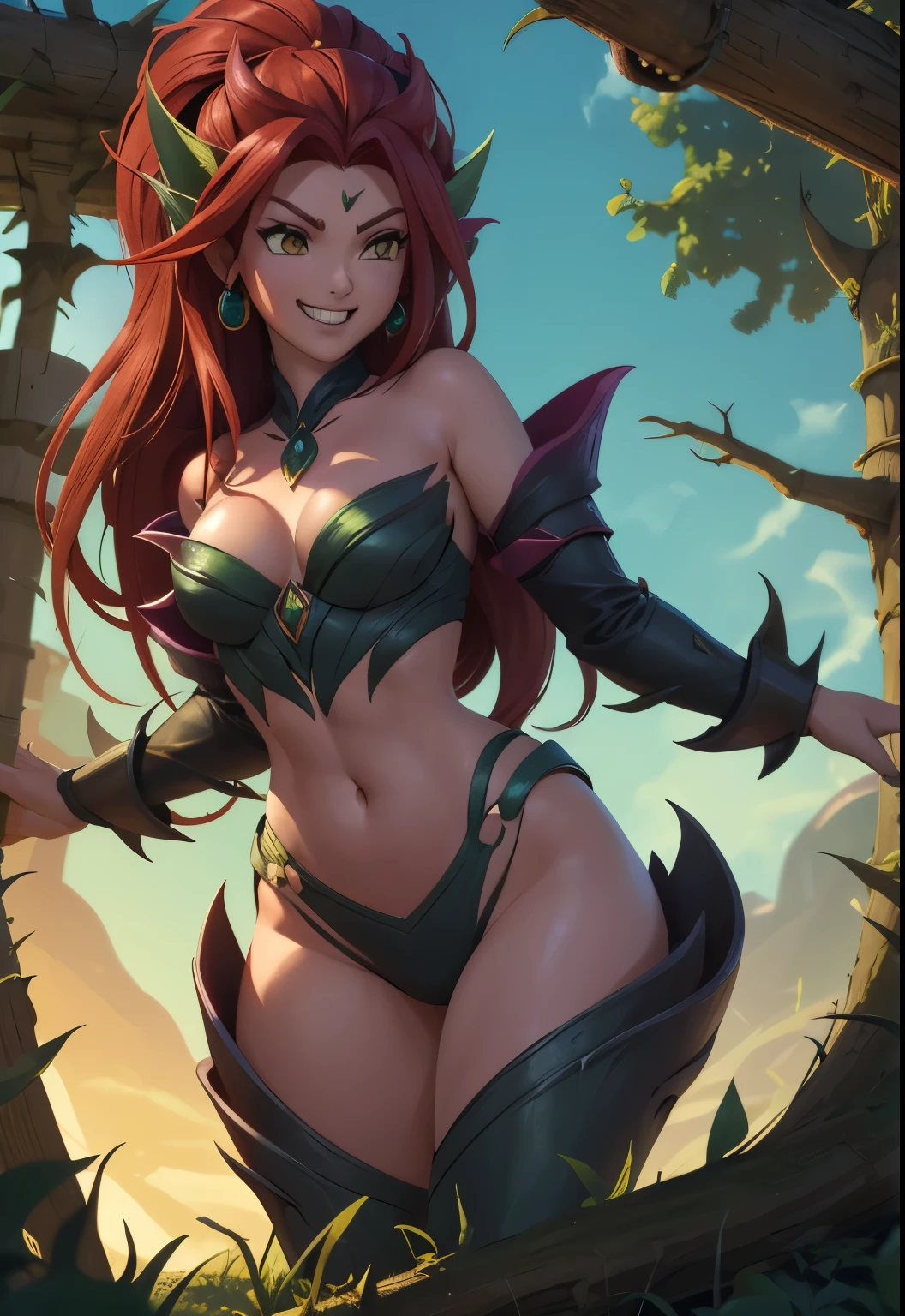 Zyra - Rise of the Thorns - League of Legends a high definition, 8k, Cara detallada, agarrando su pecho, mostrando su pecho, Lucy Heartfilia de Fairytail, ((dark brown eyealneario, ((senos grandes)), delgado y delgado, body of equal proportion in his chest)), Front view, cuatro dedos y 1 pulgar, ((2 manos de cabello rubio, hermosa sonrisa, Sonriendo al espectador, Mejillas sonrojadas