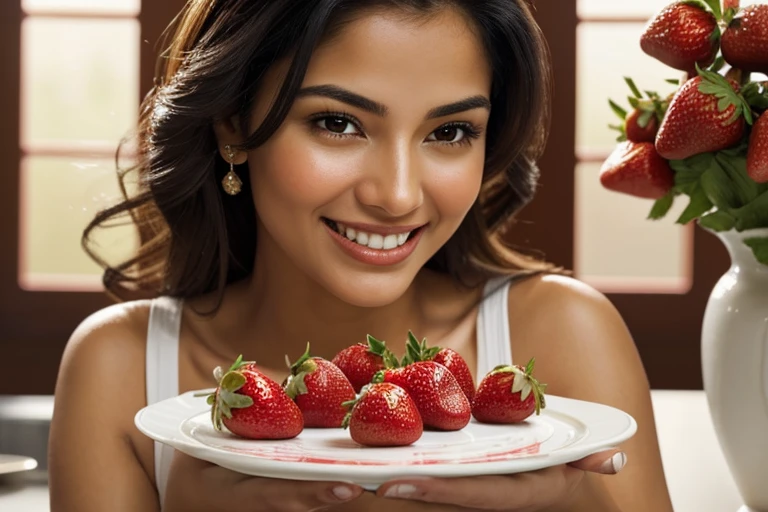 (latina woman holding a tray with strawberries in her kitchen, close-up shot. Woman with serene smile, tied-up hair, perfect hands)
(best quality, ultra-detailed, realistic:1.37), vivid colors, studio lighting, highres, HDR, photorealistic, ultra-fine painting, sharp focus, professionally composed,
illustration, portrait, Latin American style motif, joyful atmosphere, tantalizing strawberries, delicate porcelain tray, vibrant red strawberries, glistening dewdrops, soft lighting, warm tones