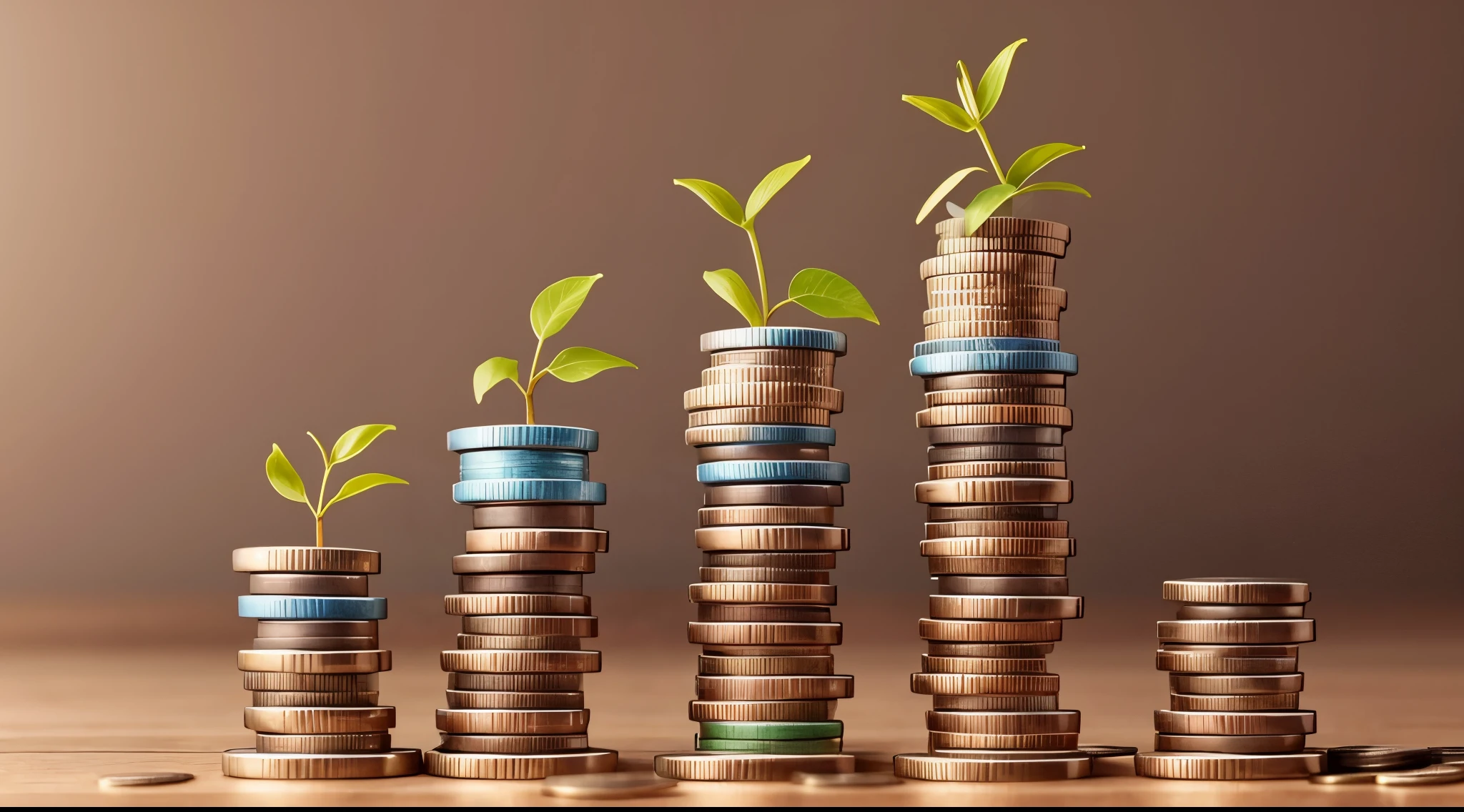 a playful design with stacked coins with a small seed on top, lado a lado outra pilhas maiores e a semente evoluindo. A playful analogy about saving money