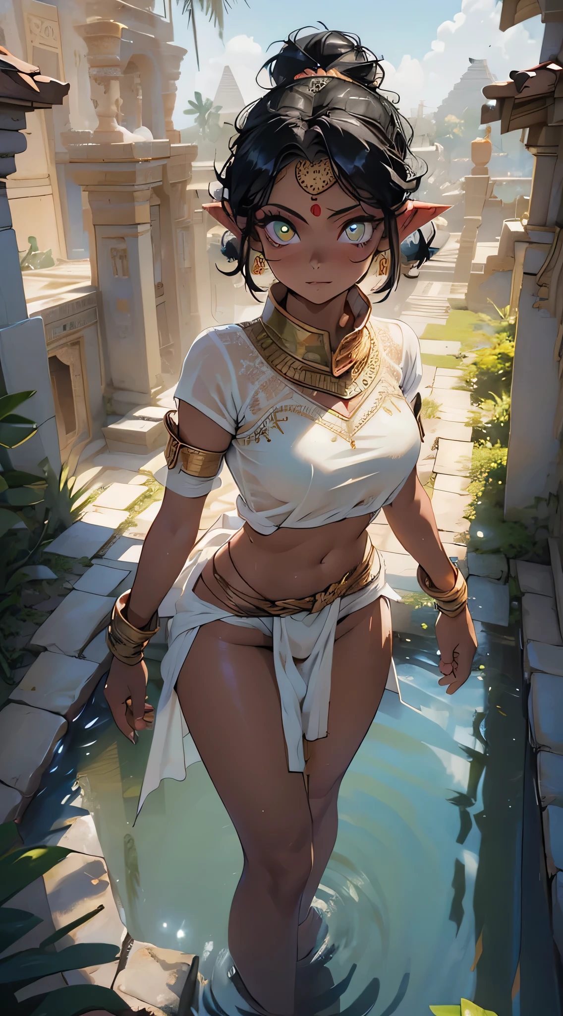 fam, tail, short sleeves, wristband, pelvic curtain, fam, blonde hair, pointy ears, dark skin, dark-skinned female, elf, long pointy ears, girl indian from ancient Egypt,(((monster girl))), ((remember the hindu gods)),(((eyes green:1.3))),intricate eyes,beautiful detailed eyes,symmetrical eyes,((((indian girl)))),(large breasts:1.5),((((black hair,hair tied,colored inner hair)))),((((lustrous skin:1.5,tanned skin,bright skin: 1.5,skin tanned,shiny skin,very shiny skin,shiny body)))),(spider lower abdomen,narrow waist,wide hip,athletic body,inflated legs,thick thighs,perfect lips),(((detailed face))),beautiful detailed lips, cute,slutty,,seductive look,seductive,((erotic)),opulent,sumptuous,((nsfw)), a beautiful woman in a Sari,(Bindi, Jhumkas:1.3),(Armlet,Haar Payal,Maang Tikka,Jhumkas,Kamarband,Bangles:1.3),almost naked,revealing clothing,show skin,huge cleavage,((((bandaged legs:1.5,bandaged arms:1.5,white bandage)))),((underboob)),zettai ryouiki,(((barefoot))),(((eyeshadow,egyptian makeup,eyelid makeup))),(((Transparent cloth:1.1,wet clothes,intricate outfit,embroidered outfit,ornate outfit,intricate cloth,embroidered cloth,ornate cloth))), dynamic and seductive pose,looking at viewer,embarrassed,centered,scale to fit dimensions,Rule of thirds, outdoors,(egyptian palace,egyptian palace background,pyramids in the background),scenery,(oasis,oasis background),extremely scenery,(puddles everywhere,moss,moss on the background),clouds,Egypt style,Egypt castle,lily pads,palms,reeds,(sunset, golden hour), (Glossy Egyptian ornaments),(top-quality,8K,32K,masterpiece),high resolution,(Photorealistic:1.4),Ray tracing,Sun glare,depth of fields,By backlight effect,Add depth to your screen,(((vibrant colors,vibrant theme))),(intricate),(high contrast,photorealistic artwork:1.37),(best quality,4k,highres,masterpiece:1.2),ultra-detailed,(realistic,photorealistic,photo-realistic:1.37),professional,