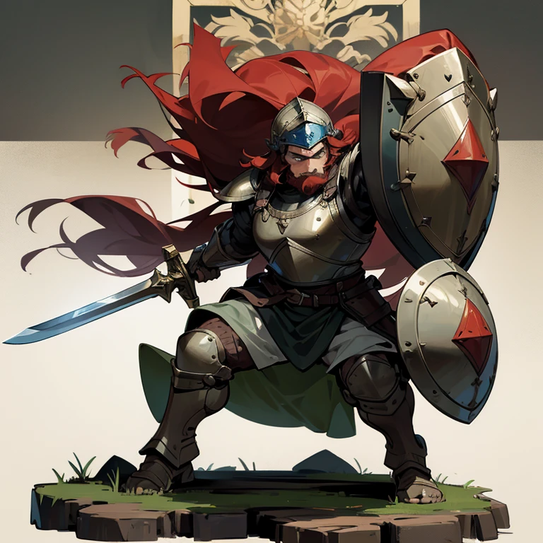 A long-haired male dwarf wearing rugged armor and a severe helmet, with a small shield on his arm and a sword in his hand.