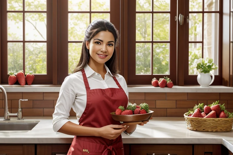 (best quality,highres:1.2),ultra-detailed,realistic portrait of a Latina woman holding a tray of strawberries in her kitchen. The woman has a serene smile on her face, her hair is neatly tied up, and her hands are perfectly manicured. She is wearing a stylish apron that complements her elegant outfit. The kitchen is well-lit with natural sunlight streaming through a window, creating a warm and inviting atmosphere. The colors in the artwork are vibrant and rich, enhancing the beauty of the scene. The strawberries on the tray are plump, juicy, and meticulously arranged. The textures and details of the woman's face, hair, and hands are incredibly lifelike, showcasing the artist's exceptional skill. This artwork is reminiscent of a high-resolution photograph, capturing every nuance and expression with incredible precision. The overall composition exudes a sense of tranquility and contentment, making it a true masterpiece.