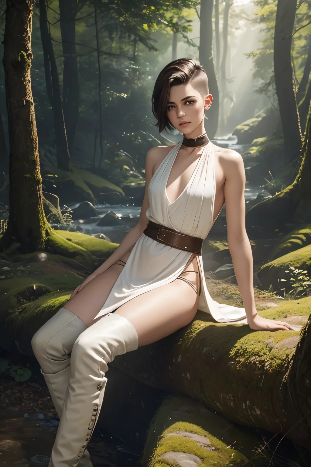 A young androgynous woman with a undercut in a fantasy setting. Happy. Kind. Friendly. Tomboyish. Very pale skin with freckles and liverspots. Very short dark-brown hair with a undercut haircut. Sides shaved. A round soft face and chin. Very thin and barely visible eyebrows. Darkbrown eyecolour. Upturned eyes. Long and wide nose. Curved lips. Long neck. Small chest. Slim. Wide hips. Long thick legs. Wearing a whitedress with stripes over the breasts and loincloth. Black armwrists and knee high boots. Background: A beautiful colourful landscape. Sun is shining. A forest.