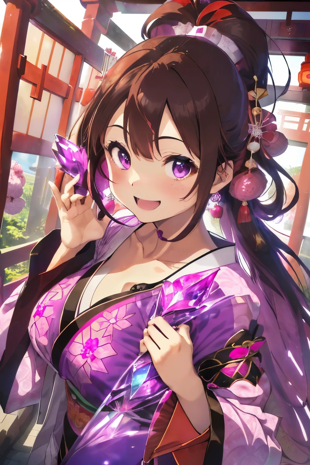 (Brown hair:1.2),(fluffy half up hair:1.2),(Light purple eyes:1.25),(With bangs),(First visit to a shrine:1.25),(colourfull:1.2),(Staring at me),(Japanese pattern clothing:1.4),(accessories like flowers and crystals:1.3),(Lower breast:1.5),(Transparent double sleeve long sleeves:1.5),(chest protruding from clothes,:1.4),(huge smile:1.3),(Smile with open mouth:1.35),(I found you and I&#39;m smiling happily:1.35),Slight red tide,(Kamimei),(Close-up of face 1.7),(black and red and pink and purple:1.25),(front view:1.6),