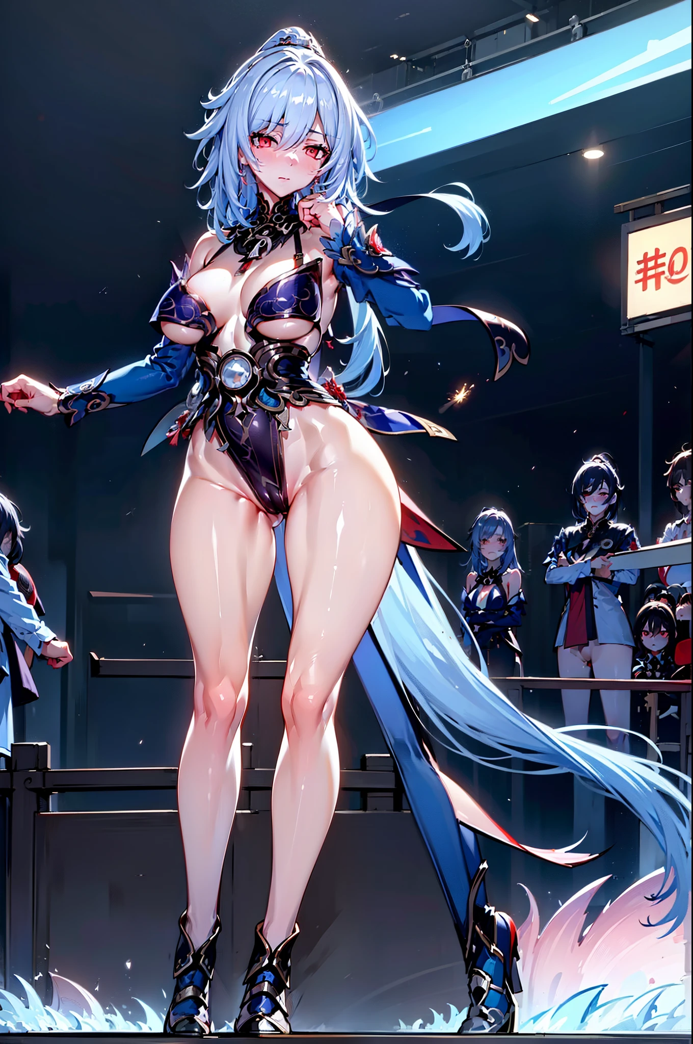 (ultra high resolution:1.5), (masterpiece), (best quality:1.2), intricate details, (jingliu), honkai star rail, sexy pose, standing, (embarrassed), shy, (no panties), (high detail pussy), (no bra:1.3), (surrounded by huge crowd of people:1.5), (small breasts:1.2), (skinny legs:1.2)